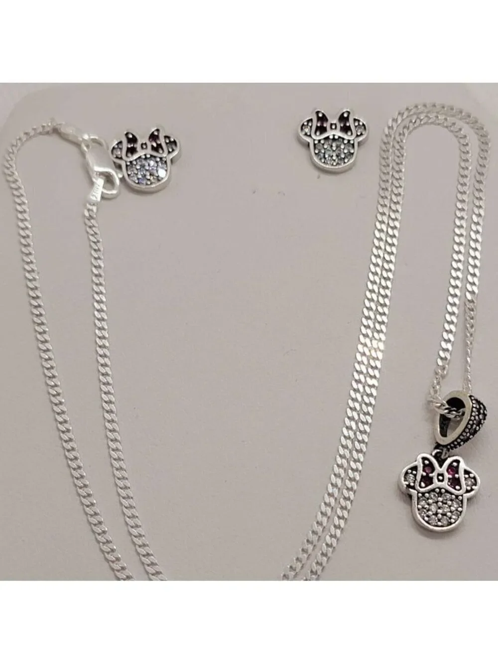 Brand New Sterling Silver 925 Minnie Mouse Earrings and Necklace set
